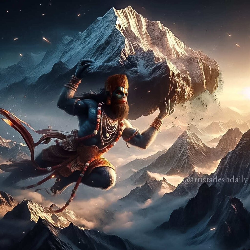 flying hanuman ji with mountain