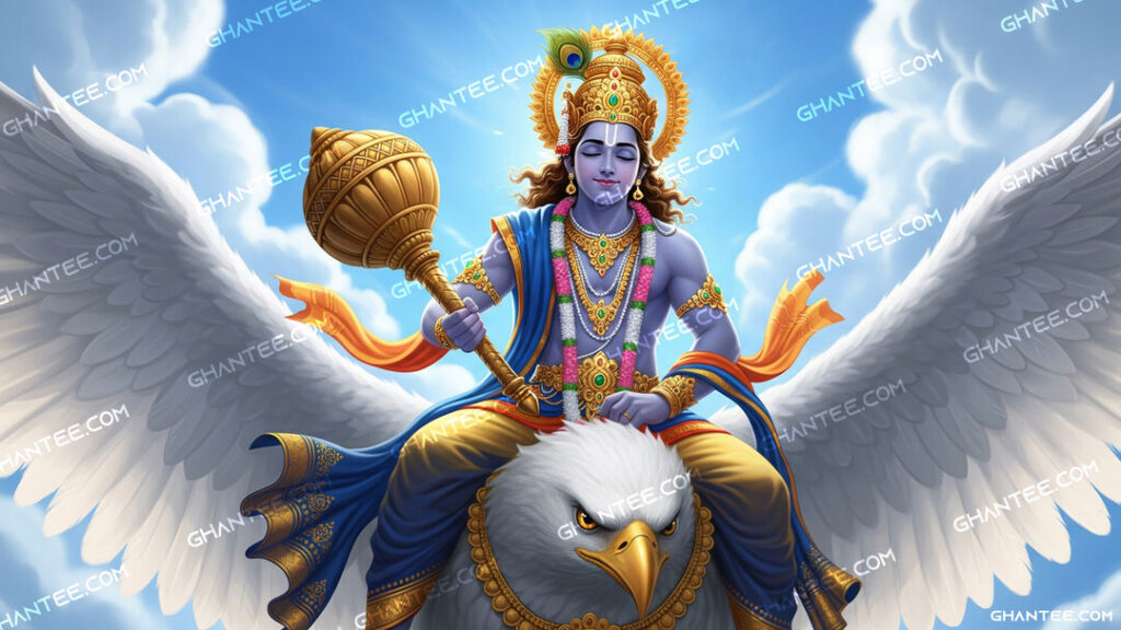 Lord Vishnu riding on the back of Garuda Dev, 8K PC Wallpaper