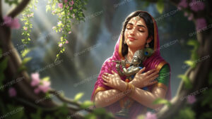 Mirabai hugging Lord Krishna idol – HD devotional wallpaper download