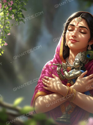 Mirabai hugging Lord Krishna idol – HD devotional wallpaper download