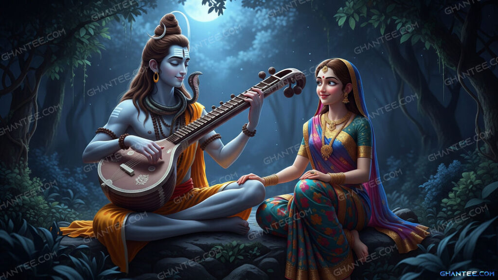 Cute cartoon style Lord Shiva and Goddess Parvati wallpaper in 8K HD resolution for desktop monitor and mobile phone background