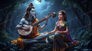 Cute cartoon style Lord Shiva and Goddess Parvati wallpaper in 8K HD resolution for desktop monitor and mobile phone background