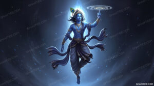 8K Ultra HD wallpaper of Lord Krishna (Shree Krishna) holding a glowing Sudarshan Chakra, for desktop and mobile phone background