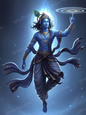 8K Ultra HD wallpaper of Lord Krishna (Shree Krishna) holding a glowing Sudarshan Chakra, for desktop and mobile phone background