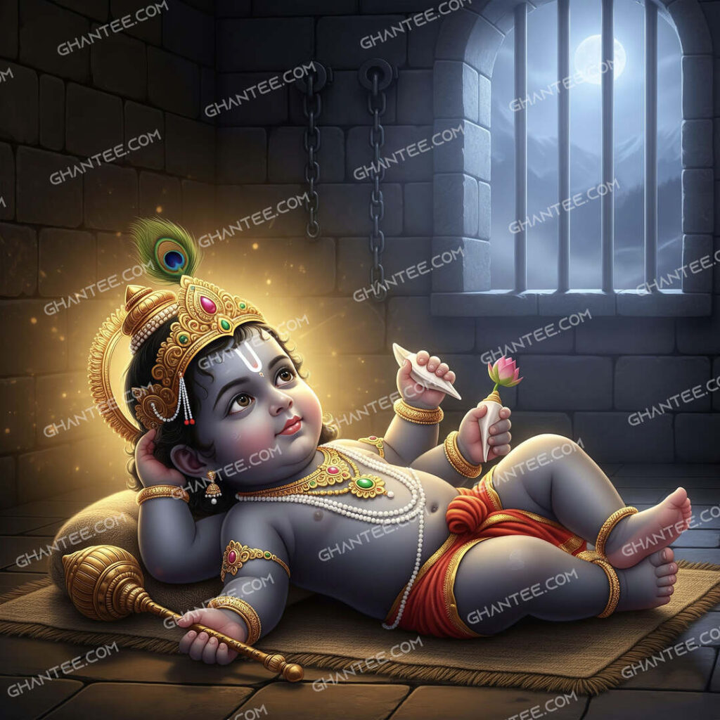 Four-Handed Baby Krishna Janm Image – Divine Janmashtami Art Download