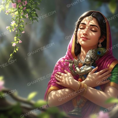 Mirabai hugging Lord Krishna idol – HD devotional wallpaper download